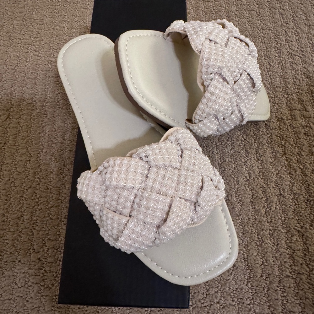 Lulus Avalon Ivory Pearl Braided Flat Slide Sandals